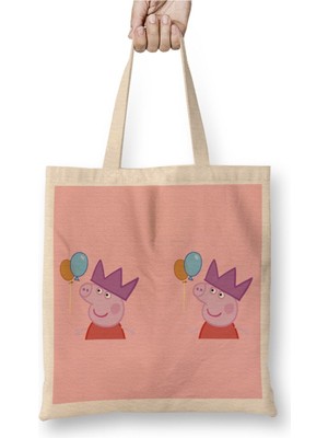 Toyaso Peppa Pig Pink Beyaz Bez Çanta Uzun Saplı Alışveriş Çantası Plaj Çantası