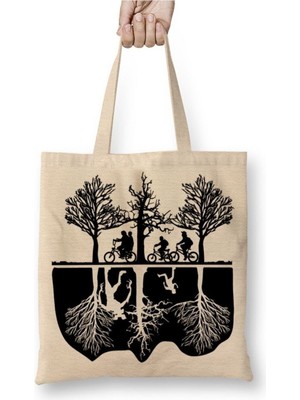 Toyaso Stranger Things Bisiklet Beyaz Bez Çanta Uzun Saplı Alışveriş Çantası Plaj Çantası