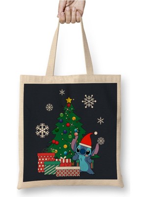 Toyaso Stitch Christmas Tree Beyaz Bez Çanta Uzun Saplı Alışveriş Çantası Keten Malzeme ile Şık