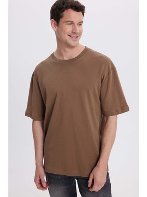 Tudors Unisex Oversize Geniş Kesim %100 Pamuk Yumuşak Dokulu Basic Bisiklet Yaka Kahverengi Tişört