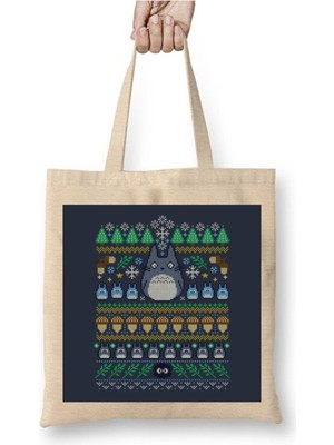 Toyaso Ghibli Studio - Miyazaki Totoro Christmas Knit Yılbaşı Beyaz Bez Çanta Uzun Saplı Alışveriş Çantası