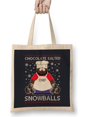 Toyaso South Park Chocolate Salted Snowballs Christmas Knit Pattern Yılbaşı Beyaz Bez Çanta Uzun Saplı