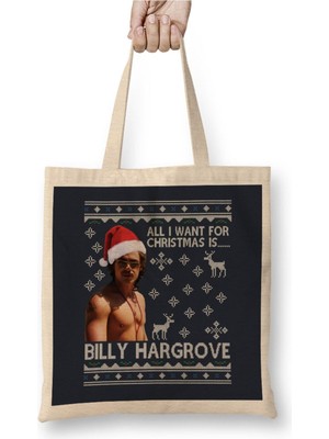 Toyaso Stranger Things Billy Hargrove Christmas Wish Beyaz Bez Çanta Uzun Saplı Alışveriş Çantası