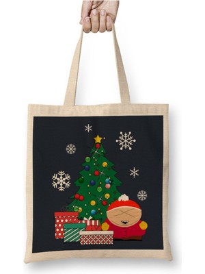 Toyaso Cartman Around The Christmas Tree South Park Beyaz Bez Çanta Uzun Saplı Alışveriş Çantası