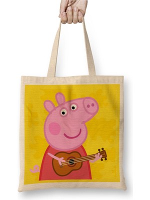 Toyaso Peppa Pig Guitar Beyaz Bez Çanta Uzun Saplı Alışveriş Çantası Plaj Çantası