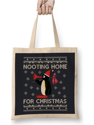Toyaso Pingu Nooting Home For Christmas Penguen Beyaz Bez Çanta Uzun Saplı Alışveriş Çantası