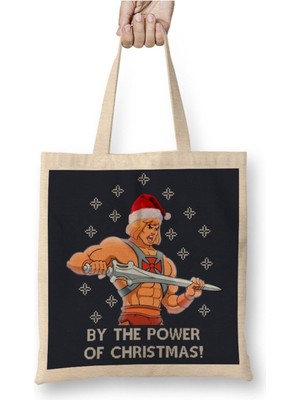 Toyaso He Man By The Power Of Christmas Yılbaşı Beyaz Bez Çanta Uzun Saplı Alışveriş Çantası