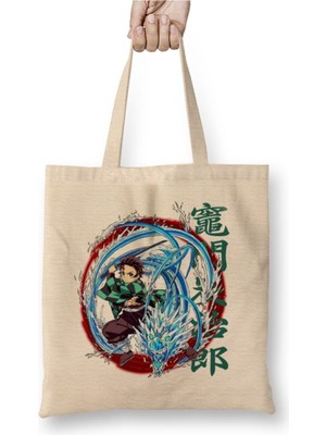 Toyaso Demon Slayer Iblis Keser Tanjiro Beyaz Bez Çanta Uzun Saplı Alışveriş Çantası Plaj Çantası