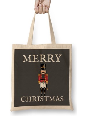 Toyaso Merry Christmas Nutcracker Christmas Yılbaşı Beyaz Bez Çanta Uzun Saplı Alışveriş Çantası