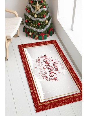 Pelura Halı Dijital Baskılı Kaymaz Tabanlı Yıkanabilir Kırmızı Merry Christmas Halısı