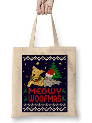 Toyaso Meowy Woofmas Christmas Cat And Dog Pattern Knit Yılbaşı Beyaz Bez Çanta Uzun Saplı