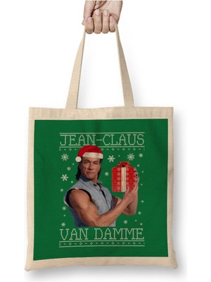 Toyaso Jean Claus Van Damme Christmas Knit Beyaz Bez Çanta Uzun Saplı Alışveriş Çantası