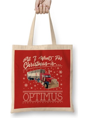 Toyaso All I Want For Christmas Is Optimus Prime Transformers Beyaz Bez Çanta Uzun Saplı Alışveriş Çantası