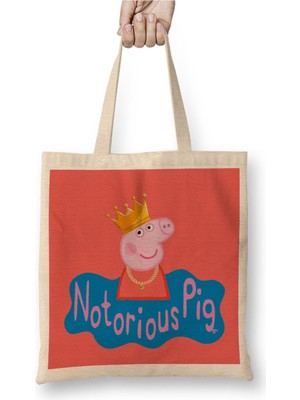 Toyaso Notorious Peppa Pig Beyaz Bez Çanta Uzun Saplı Alışveriş Çantası Plaj Çantası