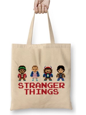 Toyaso Simplified Stranger Things Pixellated Kids Beyaz Bez Çanta Uzun Saplı Alışveriş Çantası Plaj Çantası