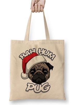 Toyaso Pug Köpek Christmas Yılbaşı Yeni Yıl Beyaz Bez Çanta Uzun Saplı Alışveriş Çantası