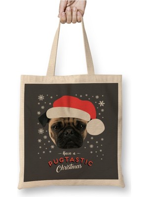 Toyaso Have A Pugtastic Christmas Pug Dog Yılbaşı Beyaz Bez Çanta Uzun Saplı Alışveriş Çantası