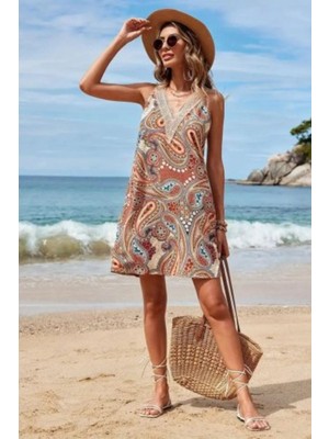 Mossta Dantelli V Yaka Mini  Süprem Elbise - Desenli