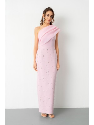 Lafaba Kadın Pudra Tek Omuz Taşlı Söz Nişan Nikah Abiye Elbise