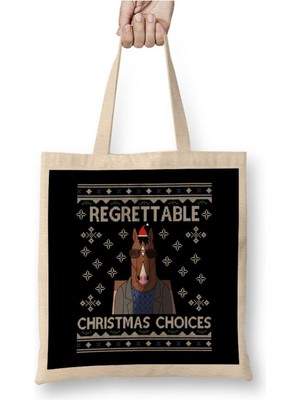 Toyaso Bojack Horseman Regrettable Christmas Choices Yılbaşı Beyaz Bez Çanta Uzun Saplı Alışveriş Çantası
