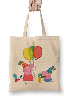 Toyaso Peppa Pig 02 Beyaz Bez Çanta Uzun Saplı Alışveriş Çantası Plaj Çantası