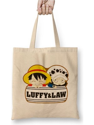 Toyaso One Piece Luffy ve Law Beyaz Bez Çanta Uzun Saplı Alışveriş Çantası Plaj Çantası