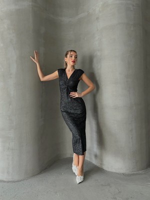 Seda Fidan Boutique Simli Vatkalı Şık Kalem Elbise Antrasit