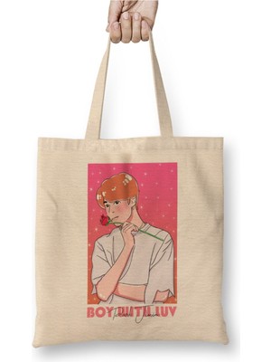 Toyaso Boy With Luv Bts Park Jimin Beyaz Bez Çanta Uzun Saplı Alışveriş Çantası Plaj Çantası