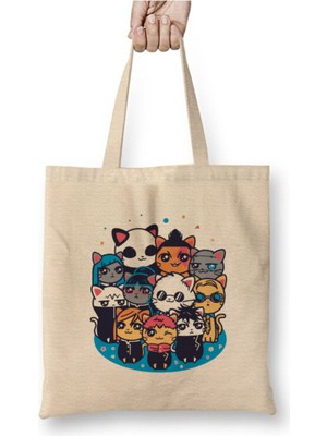 Toyaso Jujutsu Kaisen Karakterler Cats Kediler Beyaz Bez Çanta Uzun Saplı Alışveriş Çantası Plaj Çantası
