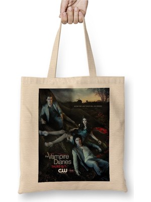 Toyaso The Vampire Diaries Poster Beyaz Bez Çanta Uzun Saplı Alışveriş Çantası Plaj Çantası