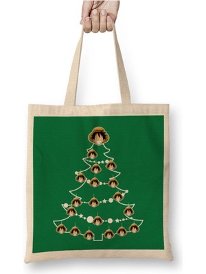 Toyaso One Piece Luffy Christmas Tree Baubles Beyaz Bez Çanta Uzun Saplı Alışveriş Çantası Plaj Çantası