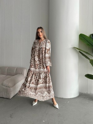 Seda Fidan Boutique Yakası Ipli Salaş Desenli Viskon Elbise Bej