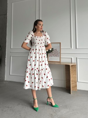 Seda Fidan Boutique Çilekli Balon Kol Poplin Elbise Ekru