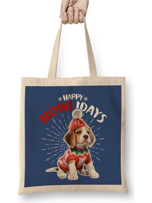 Toyaso Happy Howlidays Dog Christmas Yılbaşı Beyaz Bez Çanta Uzun Saplı Alışveriş Çantası