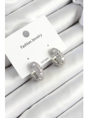 Dodes Dodes Pirinç Zirkon Taşlı Halka Model Gümüş Renk Kadın Küpe TG27BKP11076