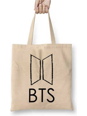 Toyaso Bts On Logo Beyaz Bez Çanta Uzun Saplı Alışveriş Çantası Plaj Çantası