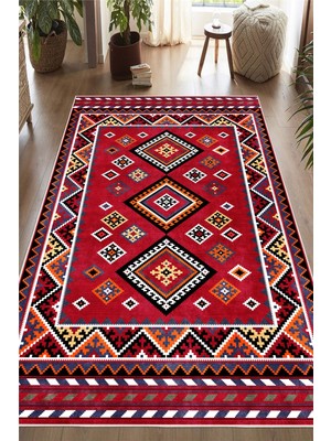 Pelura Halı Kırmızı Etnik Kilim Desenli Dijital Baskılı Kaymaz Taban Yıkanabilir Halı