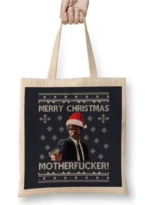 Toyaso Samuel L Jackson Merry Christmas Pulp Fiction Beyaz Bez Çanta Uzun Saplı Alışveriş Çantası