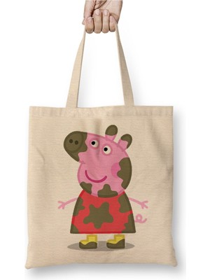 Toyaso Peppa Pig Tv Beyaz Bez Çanta Uzun Saplı Alışveriş Çantası Plaj Çantası