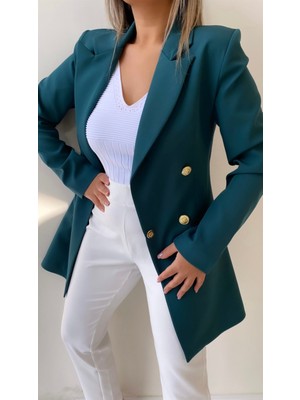 Seda Fidan Boutique Uzun Gold Düğmeli Blazer Ceket Koyu Zümrüt Yeşil