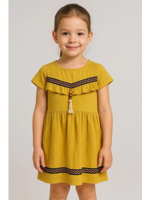 Önü Püsküllü Boncuk Detaylı Kız Çocuk Elbisesi Hardal
