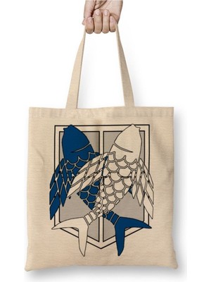 Toyaso Attack On Titan Survey Corps Fish Of Freedom Beyaz Bez Çanta Uzun Saplı Alışveriş Çantası