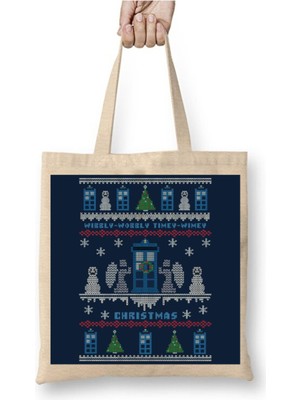 Toyaso Dr Who Tardis Christmas Knit Yılbaşı Beyaz Bez Çanta Uzun Saplı Alışveriş Çantası
