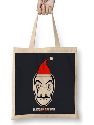 Toyaso La Casa De Navidad Money Heist Christmas Yılbaşı Beyaz Bez Çanta Uzun Saplı Alışveriş Çantası
