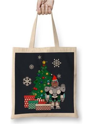 Toyaso Teen Titans Cyborg Around The Christmas Tree Beyaz Bez Çanta Uzun Saplı Alışveriş Çantası