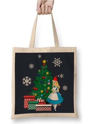 Toyaso Alice In Wonderland Around The Christmas Tree Beyaz Bez Çanta Uzun Saplı Alışveriş Çantası