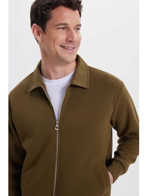 Tudors Unisex Relax Fit Rahat Kesim Pamuklu Içi Polarlı Fermuarlı Yeşil Polo Yaka Flato Cepli Sweatshirt Hırka