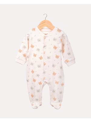 Hoogie %100 Organik Pamuk Gots Sertifikalı Patikli Çıtçıtlı Teddy Bebek & Yenidoğan Tulum - Ekru / Ayıcık Desenli