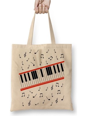 Toyaso Piano Piyano Müzik Notaları Beyaz Bez Çanta Uzun Saplı Alışveriş Çantası Plaj Çantası