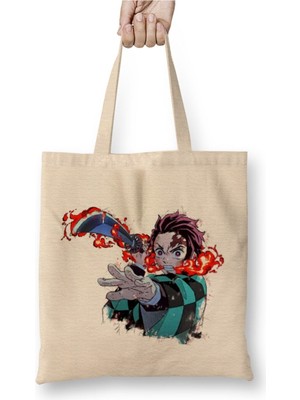 Toyaso Demon Slayer Iblis Keser Tanjiro Firebeyaz Bez Çanta Uzun Saplı Alışveriş Çantası Plaj Çantası